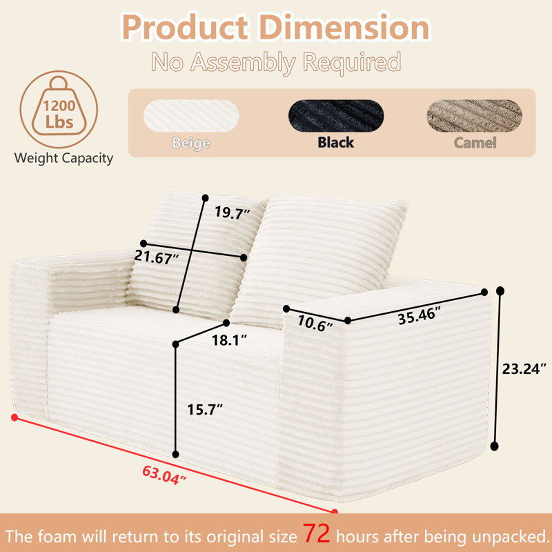 Canapé modulaire Boneless de 78 po pour petit salon Canapé pour petits espaces Canapé désossé sans assemblage, white 63inch