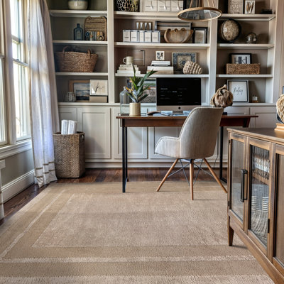 Solid Framed Border Warm Sand Beige Power Loomed Soft Shag High-Low Indoor Area Rug