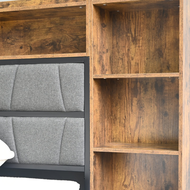 Upholstered Platform Floating Bed with Bookcase Storage Headboard