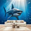 Papier peint adhésif pelez et collez, grand requin blanc nageant sous les rayons du soleil, art mural auto-adhésif et amovible-129024565