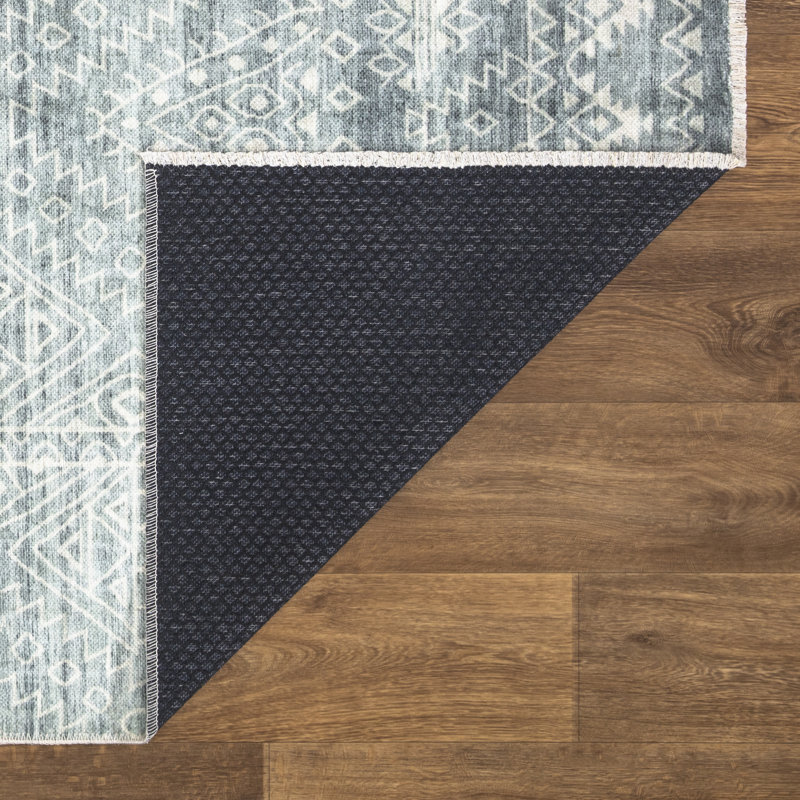 Washable Non-Slip Area Rug - Teal / Ivory Geometric Area Rug for Living Room, Bedroom, Dining Room, and Kitchen