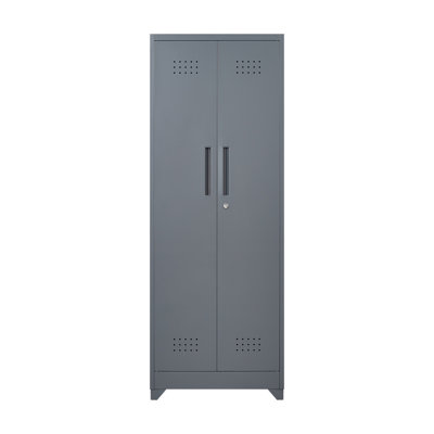 Broom Storage Cabinet With Locking Doors And Shelves, 65" H Metal Storage Cabinet With Hanging Rod & S-Hooks, Cleaning Tool Storage Cabinet