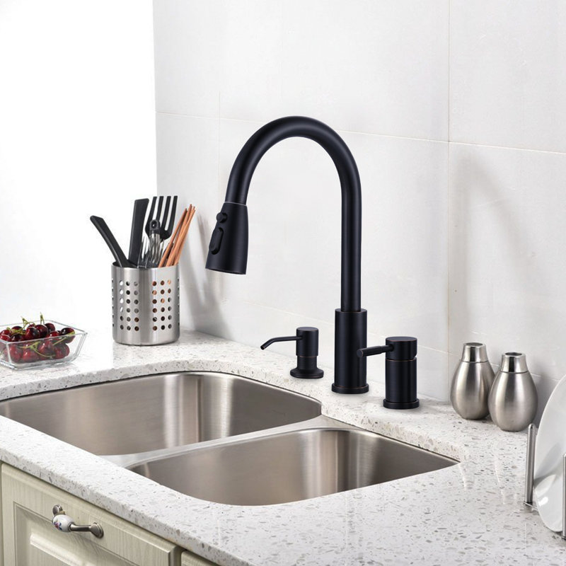 3-hole Pull Down Kitchen Faucet With Soap Dispenser And Unique Individual Handle, Oil Rubbed Bronze
