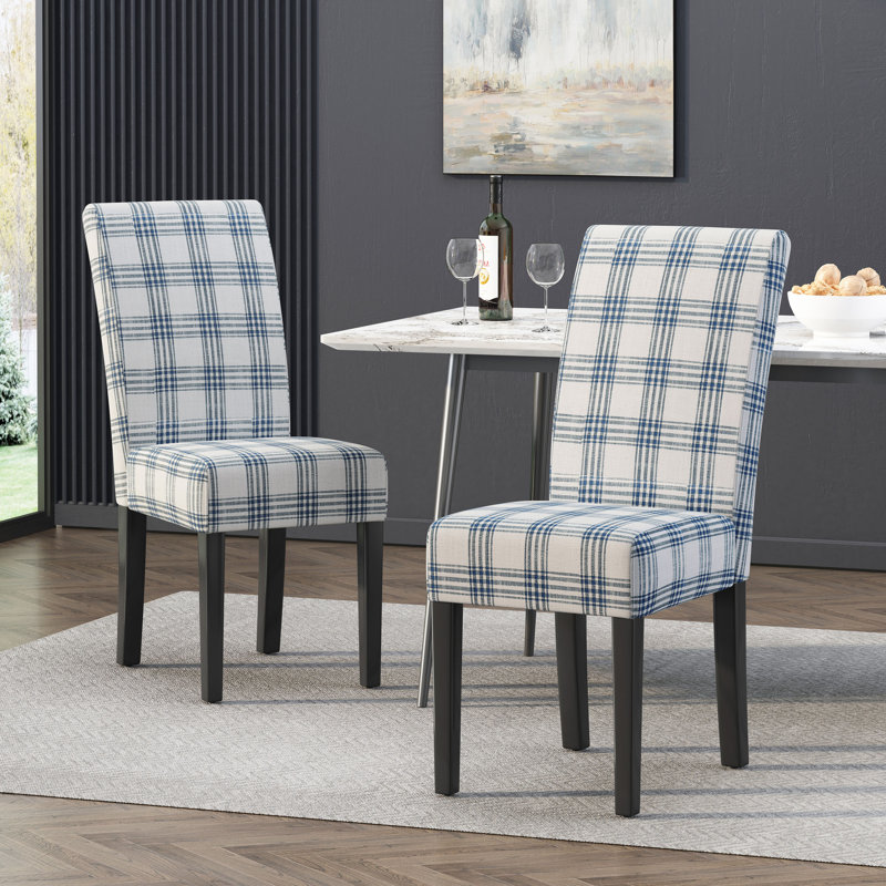 Chaise Parsons rembourrée Olin, Tissu écossais bleu foncé / beige clair
