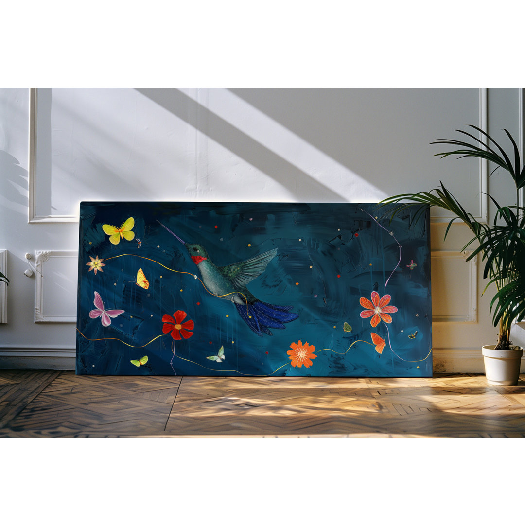 Wandbild 120x60cm Kolibri Nacht Blumen Kunstwerk dunkle Farben