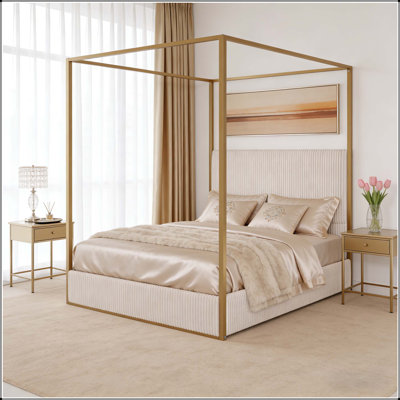 Metal Canopy Bed with Tall Corduroy Upholstered Headboard and Four Poster