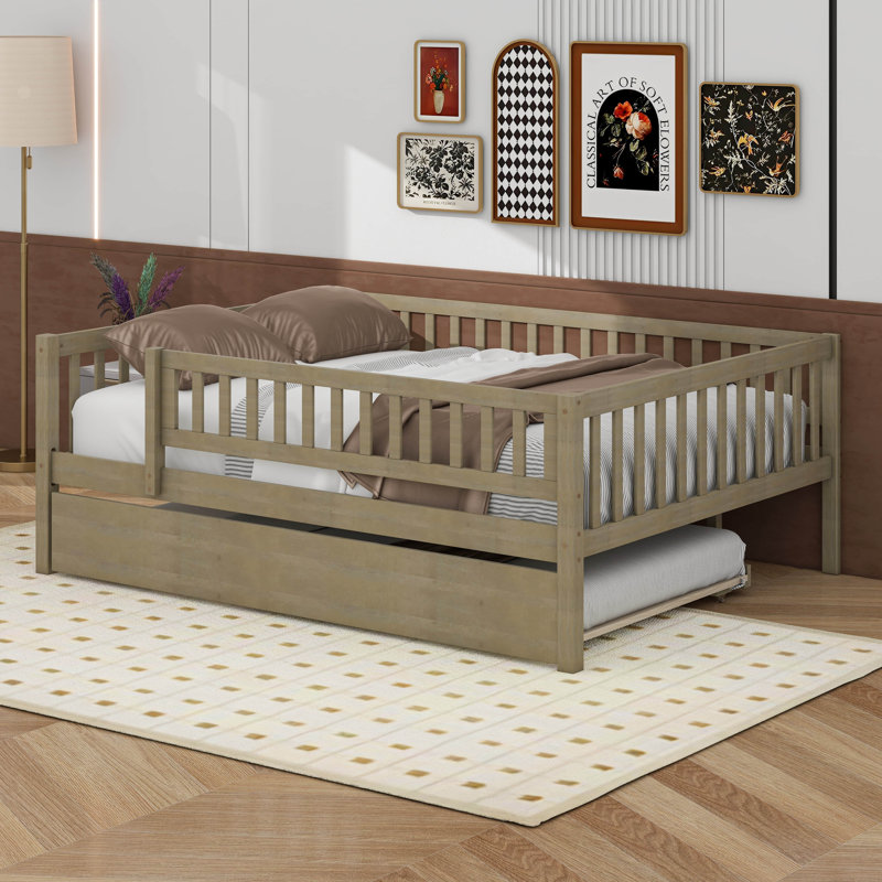 Full Size Wood Daybed With Trundle And Fence Guardrails