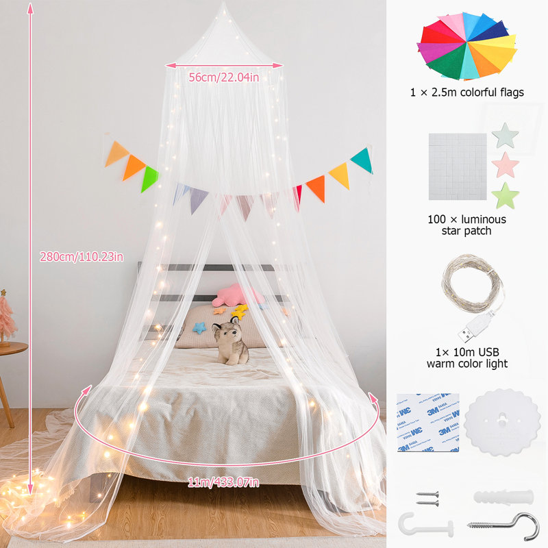 Bed Canopy with Lights, Bed Canopy with Luminous Stars, Canopy Bed Curtains for Twin to King Size Bed, White