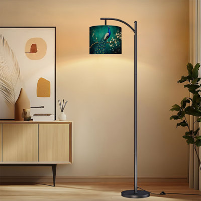 Lampe sur pied à arc avec abat-jour ajustable Paon qui coule avec des plumes de la queue Branches de fleurs Lampe sur pied rétro bleu sarcelle