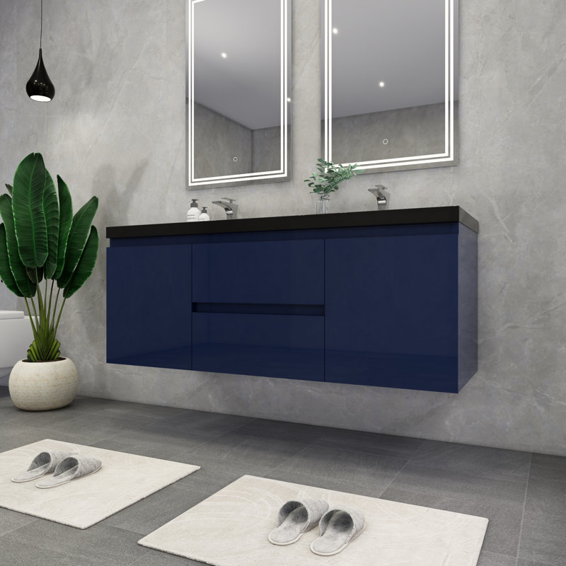 Castin 60" Wall-Mounted Double Bathroom Vanity Set, Glossy Blue