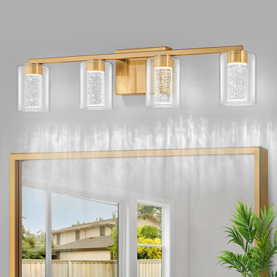 Éclairage pour salle de bain 4 lumières en laiton avec 3 modes de couleur et abat-jour en verre transparent