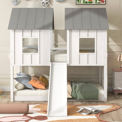 Twin Over Twin House Bunk Bed With Slide And Windows