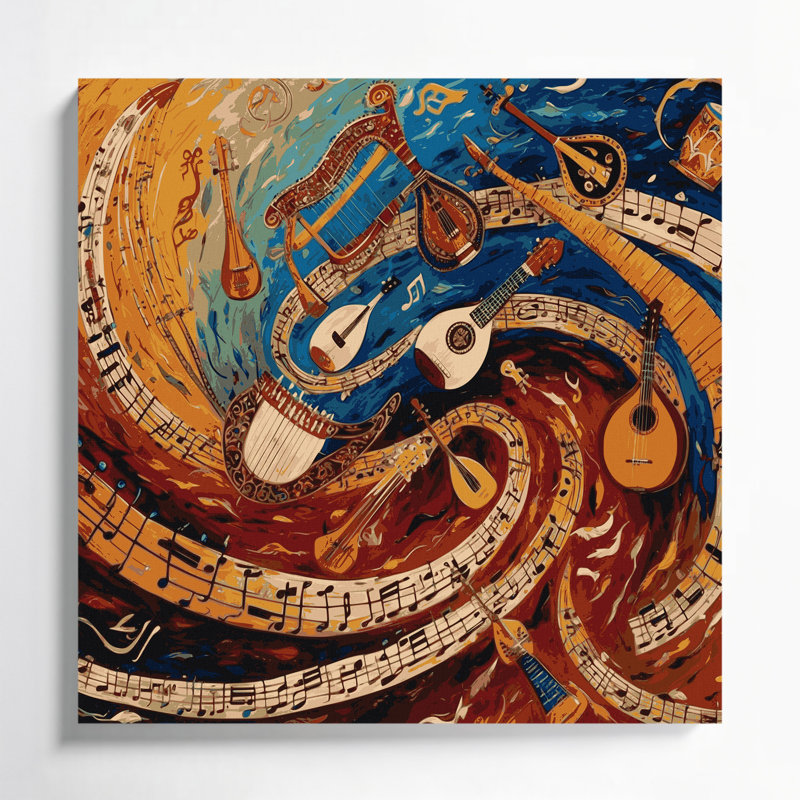«Music Folk and Ethnic Music Symbols», art mural sur toile brune, H 8 po x l 8 po
