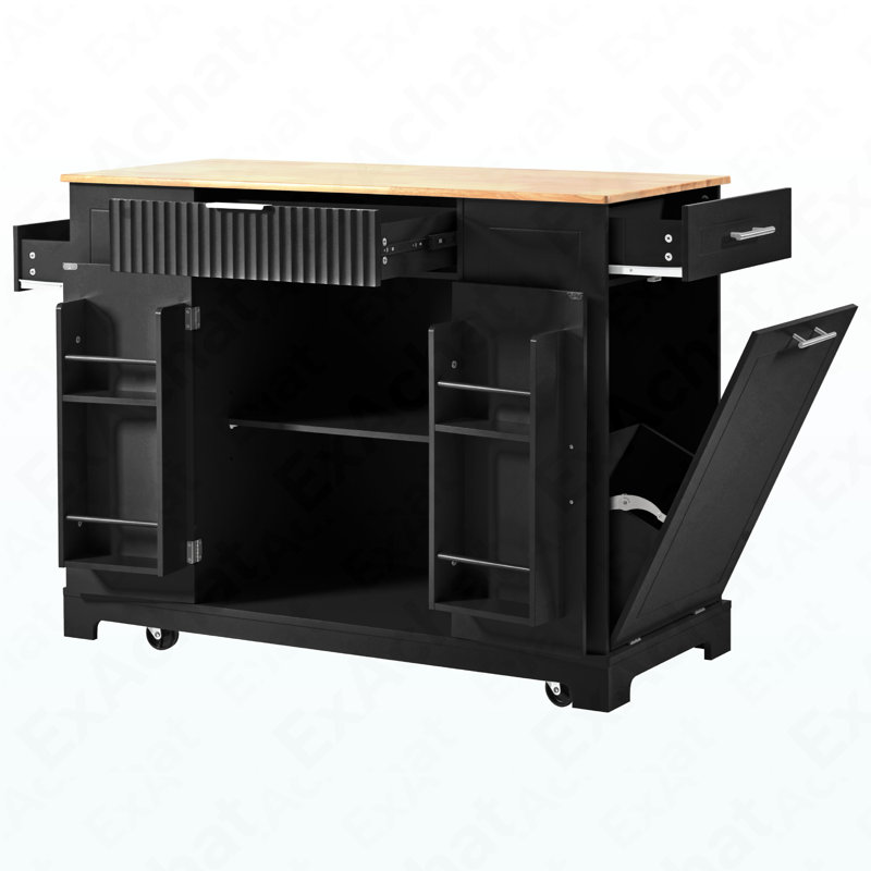 Fluted Kitchen Island With Trash Can Storage Cabinet, Power Outlet, Internal Storage Rack, Rolling Kitchen Islands On 5 Wheels With 3 Drawer, 3 Open Side Racks For 10 Gallon Garbage Bin, Black