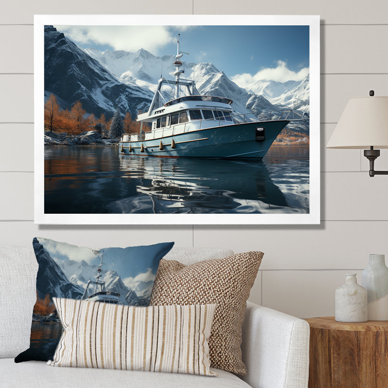 Bateau de pêche rouge et blanc dans la rivière I - bateau de pêche, art mural, Cadre de coin blanc fermé