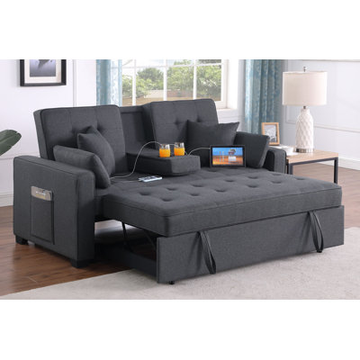 Cody II 70"W Dark Gray Linen Convertible Sleeper Loveseat With Dropdown Console, Cup Holders, Charging Ports, Pocket, And Pocket Coil Seating