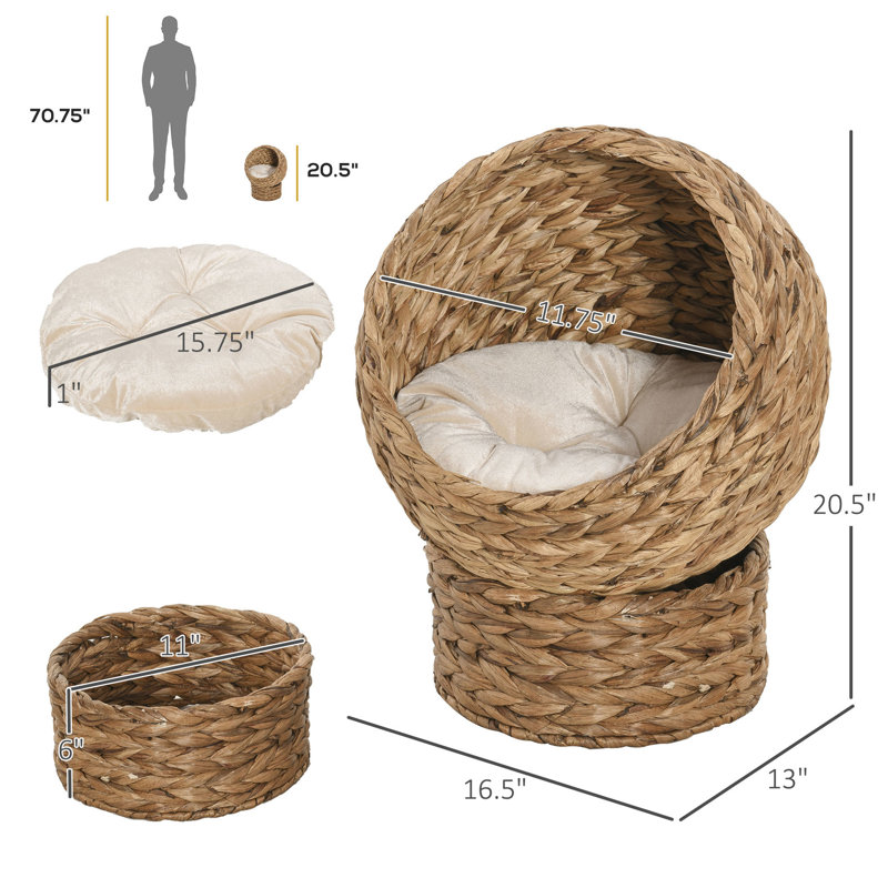 Lit pour chat surélevé à la main, coussin moelleux et panier rotatif, zone captivante pour chat, zone de confort brun,