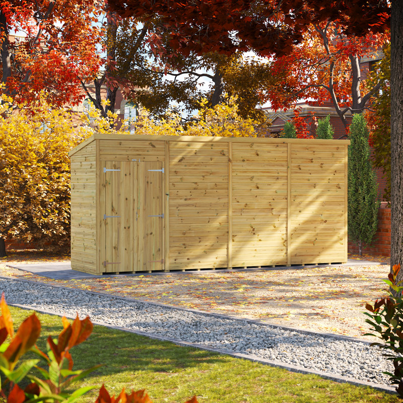 Powersheds 16 x 4ft Premium Pressure Treated Timber Windowless Pent Garden Shed, Double Doors