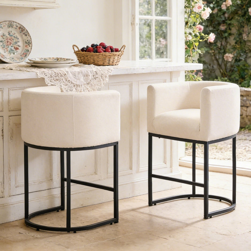26" Upholstered Metal Barrel Counter Bar Stool, Beige Seat/Black Frame, 2