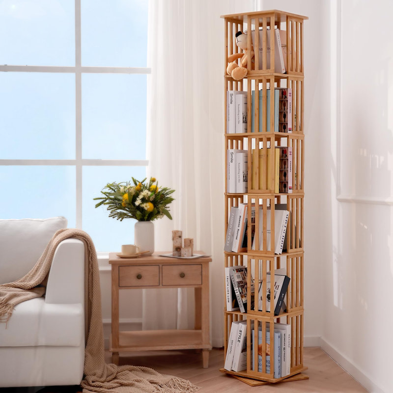 Bibliothèque rotative à 360 ° en bambou avec séparateurs croisés pour anti-basculement, organisateur de grande capacité, base stable pour le salon / bureau / bureau (pré-assemblé pour un assemblage facile)