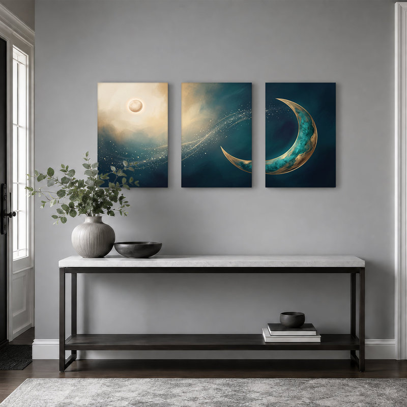Ensemble de 3 toiles bleu sarcelle en forme de croissant de lune avec soleil étoilé, H 24 po x l 16 po x 3 pièces