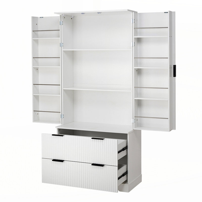 Garde-manger cannelé avec 2 grands tiroirs et support à épices à 8 portes, White