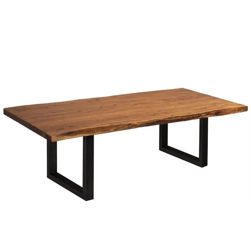 Table de salle à manger de 213 cm (84 po) en bois d'acacia massif à bords naturels avec piètement en X en métal noir