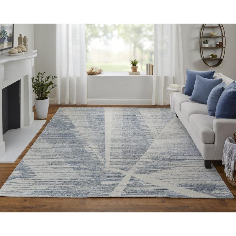 Brighton Hand Knotted Abstract Area Rug in Blue/Ivory, Rectangle 2' x 3'