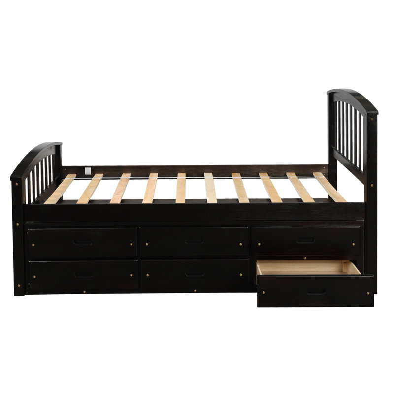 Lit plateforme simple en bois massif avec 6 tiroirs, sans sommier, Espresso