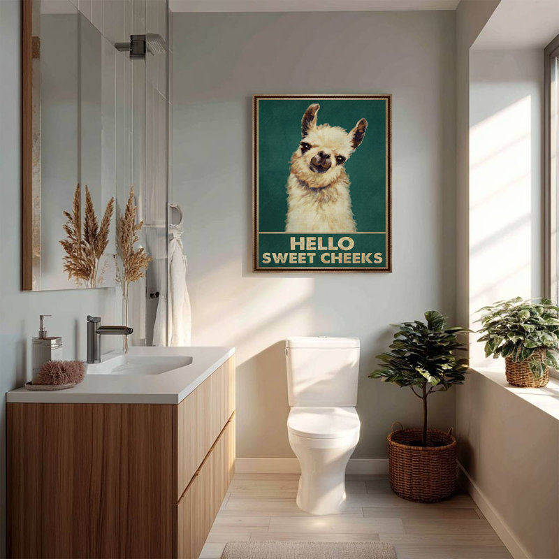 «Llama - pourquoi bonjour les joues douces», toile tendue - décor d'illustrations de salle de bain et de lessive, beige et vert foncé