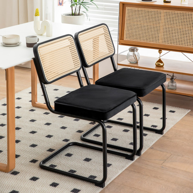 Tristen Rattan and Fabric Upholstered Dining Chairs, Dark Gray, Black