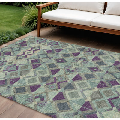 Tapis extérieur lavable géométrique bleu et mauve 9 pi x 12 pi