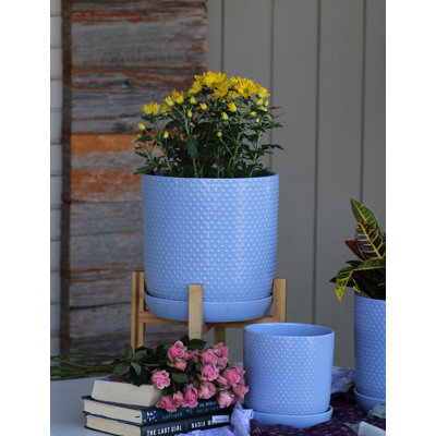 Pot cylindrique à pois avec soucoupe intégrée, pot moyen en céramique émaillée (lot de 8) - Intérieur/Extérieur