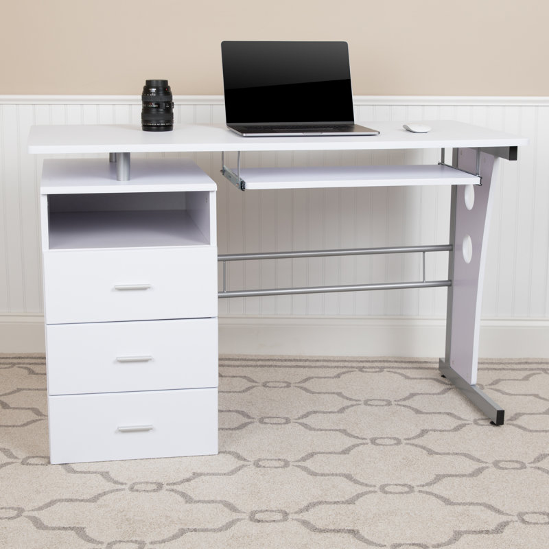 Picabo Computer Desk with Three Drawer Single Pedestal and Pull-Out Keyboard Tray, White
