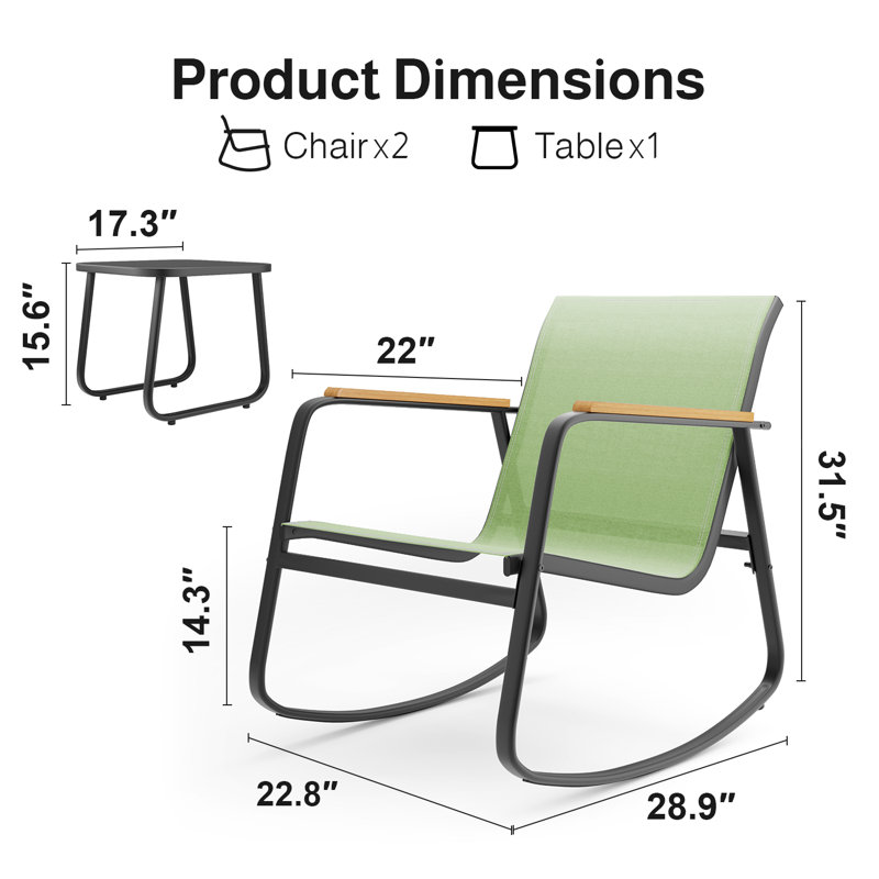 3-Piece  Outdoor Patio Conversation Rocking Set With Table，Seating Group, Green