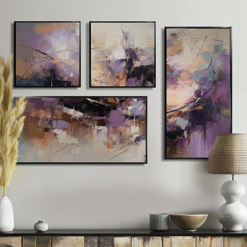 «Mauve Minimalims Enchantment» - art mural mauve 4 pièces, Impression encadrée sans passe-partout, Noir