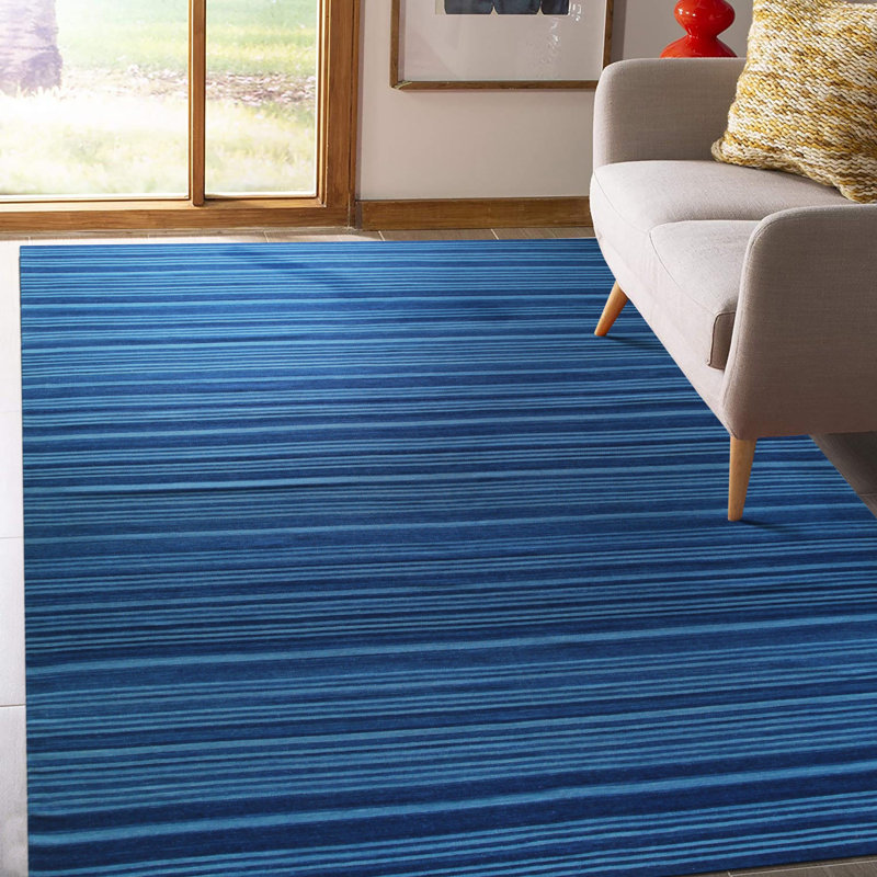 Blue Handwoven Wool Indigo Horizon Stripes Geometric Modern Contemporary Carpet Rug, 10' x 14'