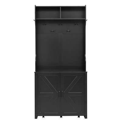 4-In-1 Hall Tree With Barn Doors, Movable Bench With 7 Hanging Hooks And Shoe Storage Cabinet, 76.9""H Entryway Coat Rack With 6 Brake Wheels For Hallw -  One Allium Way®, C5FA5ED575884A3D831D5495825E5EA0