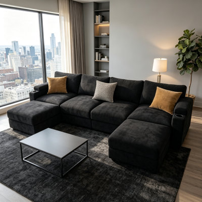 Canapé d'angle modulaire surdimensionné en forme de U de 295 cm (116 pouces), 6 places, confortable, en chenille, avec assise profonde et pouf amovible.