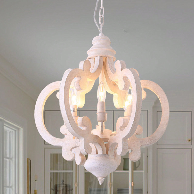 Farmhouse 6-Light Wood Chandelier Chic Crown Design Pendant Light For Living Room, Cream White