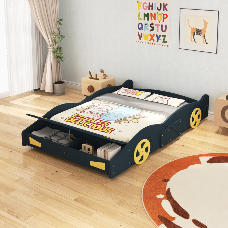 Full Size Race Car-Shaped Platform Bed, Blue, Full