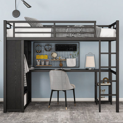 Structure de lit mezzanine avec garde-robe intégrée, lit mezzanine en métal avec bureau et tablettes de rangement