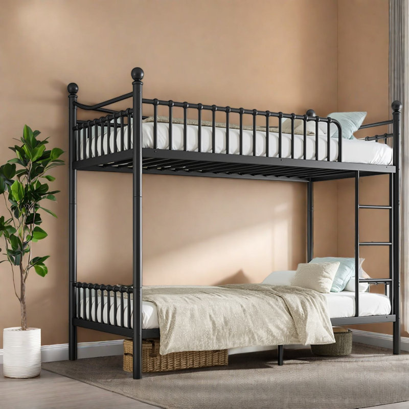 Lits jumeaux XL en métal avec barrière de sécurité incurvée, style industriel moderne, gain de place pour la maison familiale