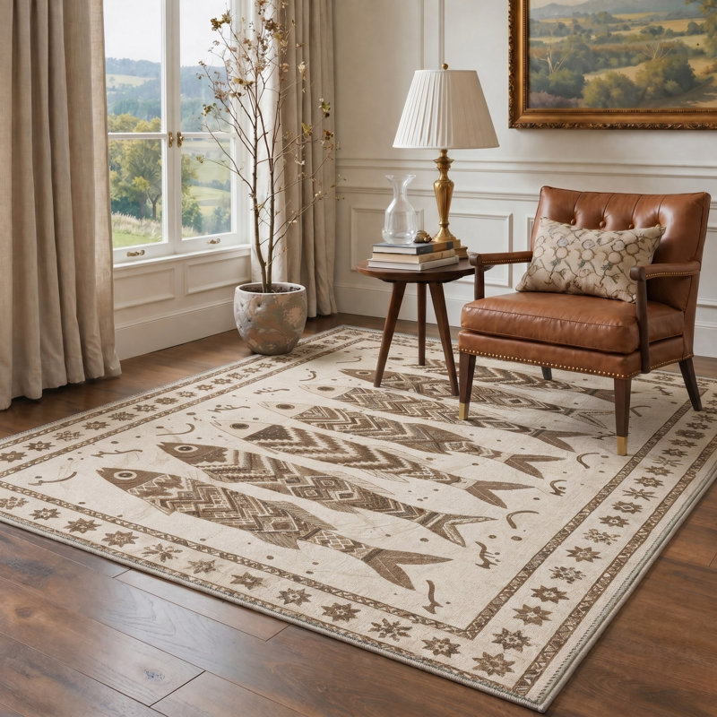 Tapis de couloir oriental ivoire / brun clair avec passe-partout Fish, Tapis de couloir de 2 pi x 7 pi