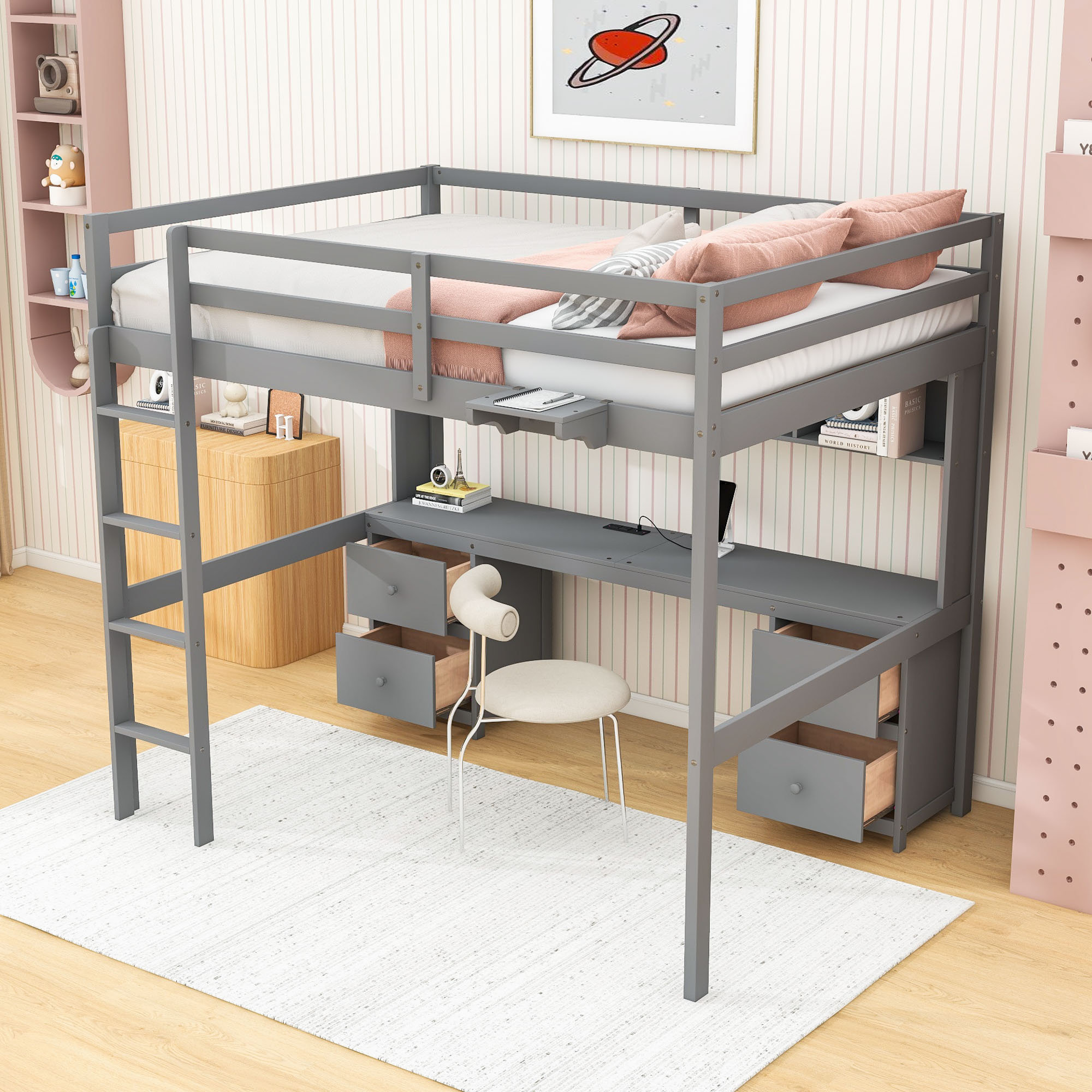 Harriet Bee Full Size Loft Bed With Built-In Desk, Storage Drawers, And ...