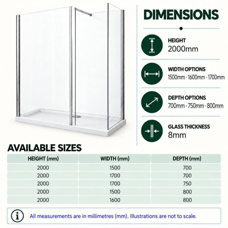 Worcester Rectangular Shower Enclosure - 2000 x 1500 mm, 200 cm H x 170 cm W x 75 cm D