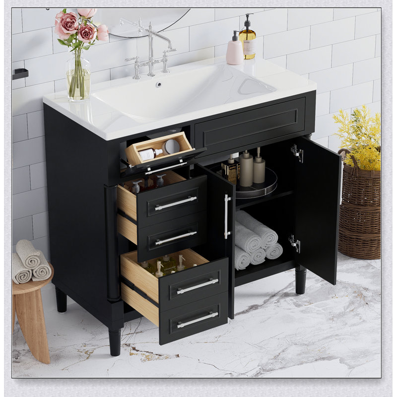 Meuble-lavabo de salle de bain avec lavabo en résine, 2 tiroirs et un tiroir basculant, ensemble de meuble-lavabo, tablette réglable