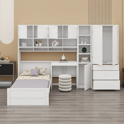 Multifunctional Sleep and Study Center with Built-In Workstation, Clothing Closet, and Extensive Organizer Units Including Cabinets and Open Shelving
