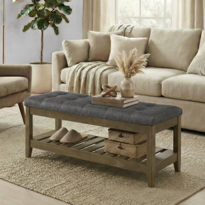 Upholstered End Of Bed Bench, Storage Ottoman With Solid Wood Frame, Window Seat, For Living Room, Bedroom, Gray