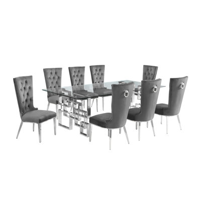 Ensemble de salle à manger rectangulaire en verre transparent avec chaises en velours L 95 po x l 46 po Borel